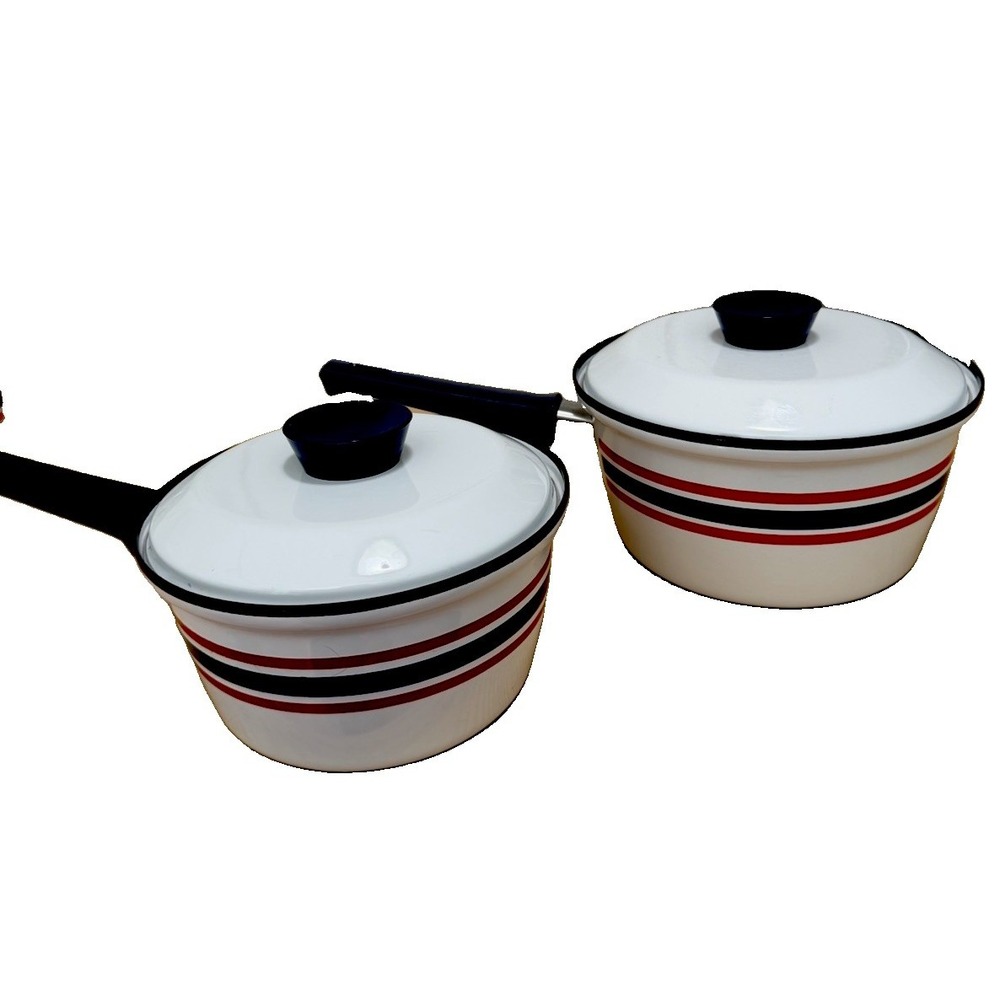 Vintage Celebration Norway Enamelware Saucepan Pot Set Lids Red White Blue